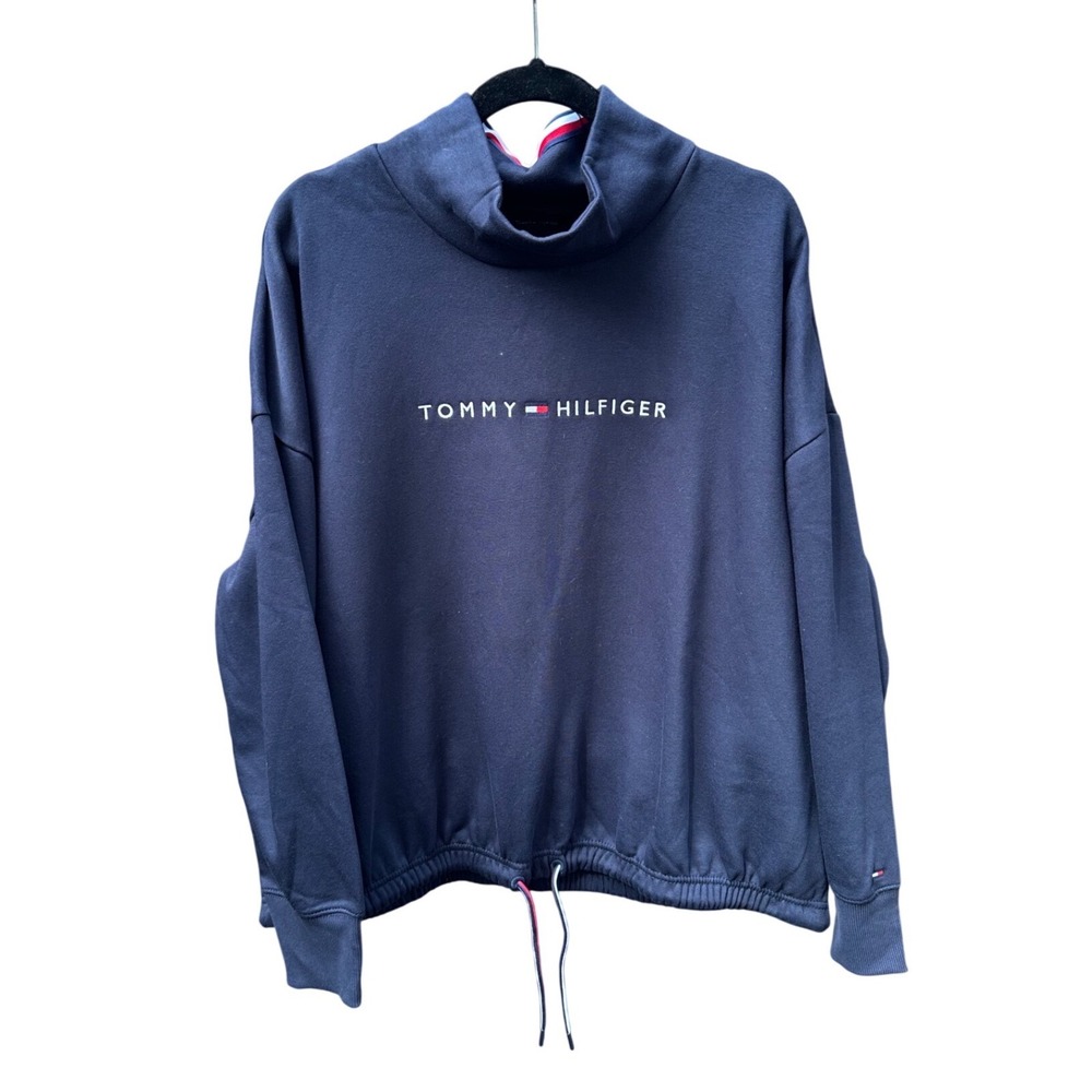 Tommy Hilfiger Womens Navy Blue Funnel Neck Drawstring Fleece Sweatshirt Large
